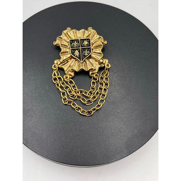 Vintage Unsigned Brushed Gold Tone Sheild Enamel Dangle Regal Chain
Brooch - Picture 2 of 7